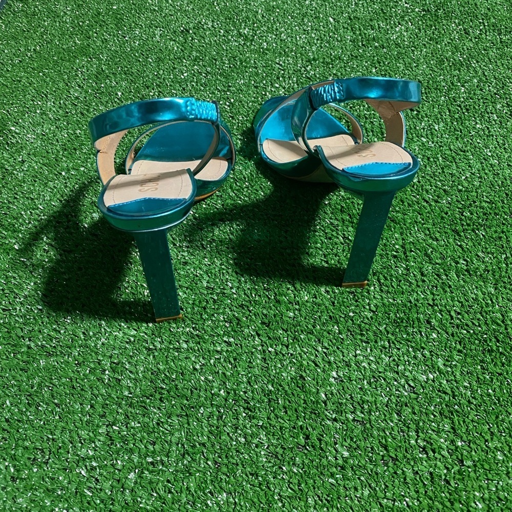 Schutz Kelly Sandal Blue Metallic Leather High Heel Strappy Shoes Size 6B X-17 - Picture 3 of 7